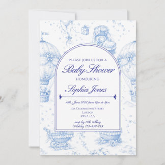 Blauwe Toile de Jouy babyshower uitnodiging