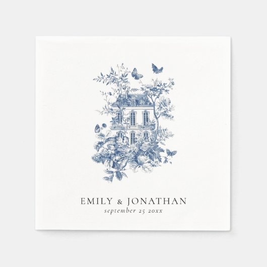 Blauwe Toile De Jouy Bloemen Namen Datum Bruiloft Servet (Voorkant)