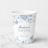 Blauwe Toile de Jouy Bloemendoop Papieren Bekers (Achterkant)
