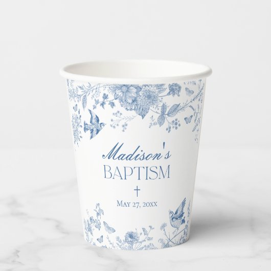 Blauwe Toile de Jouy Bloemendoop Papieren Bekers (Achterkant)