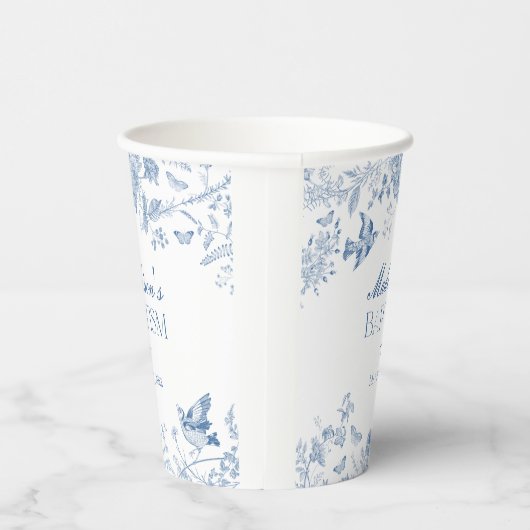 Blauwe Toile de Jouy Bloemendoop Papieren Bekers (Rechts)
