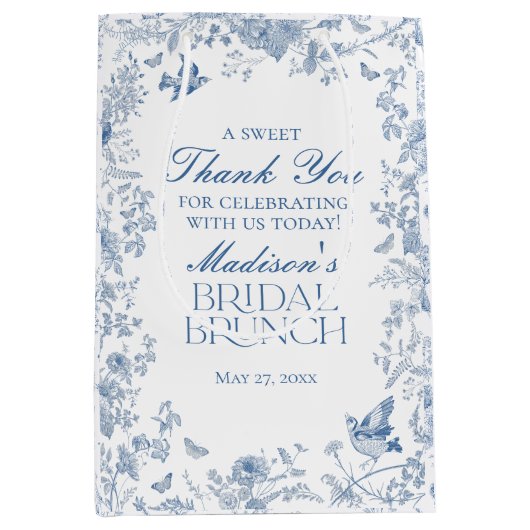 Blauwe Toile De Jouy Bruids Brunch Favorieten Medium Cadeauzakje (Voorkant)