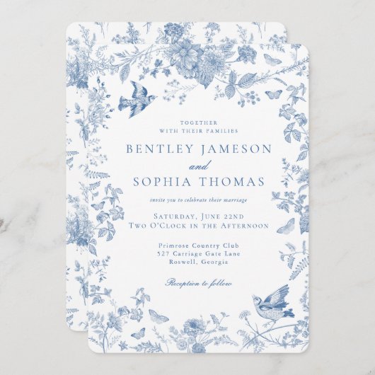 Blauwe Toile De Jouy Franse Bloem Bruiloft Kaart (Voorkant / Achterkant)