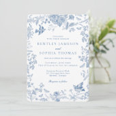 Blauwe Toile De Jouy Franse Bloem Bruiloft Kaart (Staand voorkant)