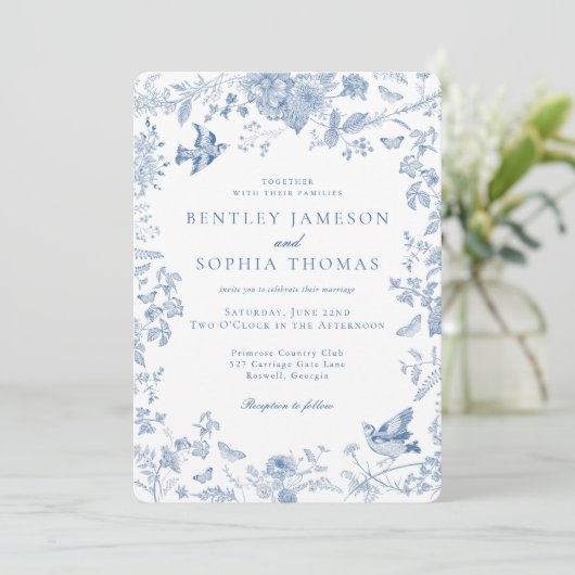 Blauwe Toile De Jouy Franse Bloem Bruiloft Kaart (Staand voorkant)