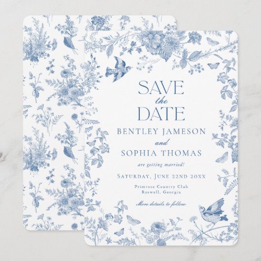 Blauwe Toile De Jouy Franse Bloemen Bewaar de Datu Kaart (Voorkant / Achterkant)