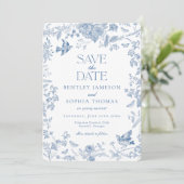 Blauwe Toile De Jouy Franse Bloemen Bewaar de Datu Kaart (Staand voorkant)