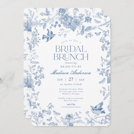 Blauwe Toile de Jouy Franse Bloemen Bruids Brunch Kaart (Voorkant / Achterkant)