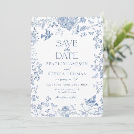 Blauwe Toile De Jouy Franse Bloemen 'Save the Date Kaart (Staand voorkant)
