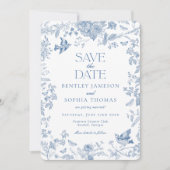 Blauwe Toile De Jouy Franse Bloemen 'Save the Date Kaart (Voorkant)