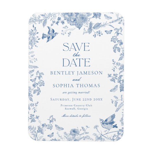 Blauwe Toile De Jouy Franse Bloemen Save the Date Magneet (Verticaal)