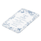 Blauwe Toile De Jouy Franse Bloemen Save the Date Magneet (Linkerzijde)