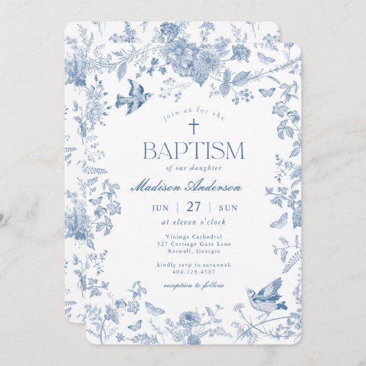 Blauwe Toile de Jouy Franse Bloemendoop Kaart (Voorkant / Achterkant)