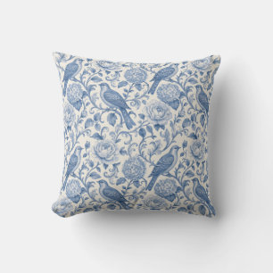 Blauwe Toile de Jouy Franse Bloemvogelpatroon Kussen