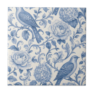 Blauwe Toile de Jouy Franse Bloemvogelpatroon Tegeltje