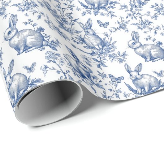 Blauwe Toile de Jouy Paashaas Cadeaupapier (Rol Hoek)