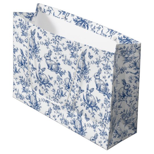 Blauwe Toile de Jouy Paashaas Groot Cadeauzakje (Voorkant Gekanteld)