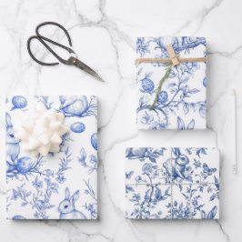 Blauwe Toile de Jouy Paashaas Inpakpapier Vel