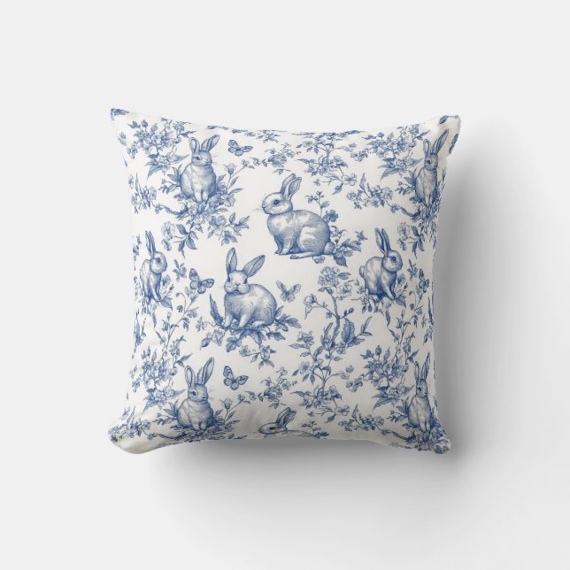 Blauwe Toile de Jouy Paashaas Kussen (Voorkant)