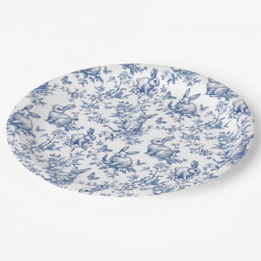 Blauwe Toile de Jouy Paashaas Papieren Bordje (Gekanteld)