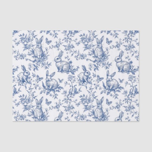 Blauwe Toile de Jouy Paashaas Tissuepapier (Voorkant)