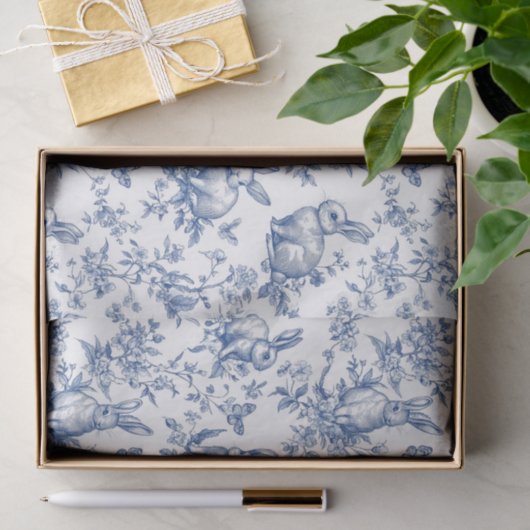 Blauwe Toile de Jouy Paashaas Tissuepapier (Geschenk)