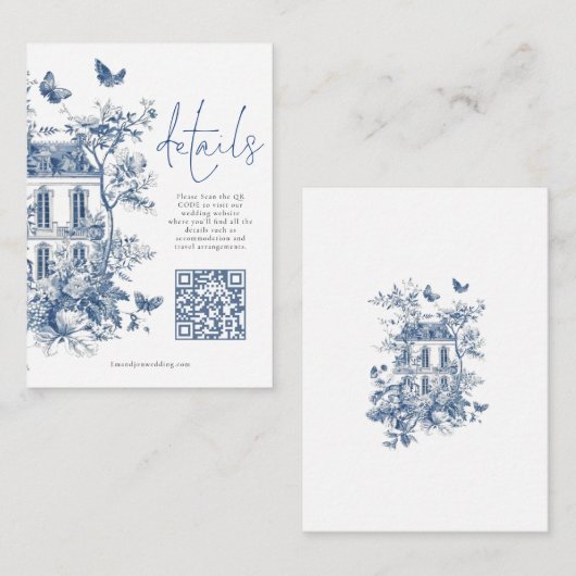 Blauwe Toile De Jouy QR Code Bruiloft Details Informatiekaartje (Voorkant / Achterkant)