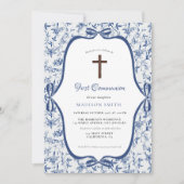 Blauwe Toile de Jouy Tea Eerste Heilige Communie Kaart (Voorkant)