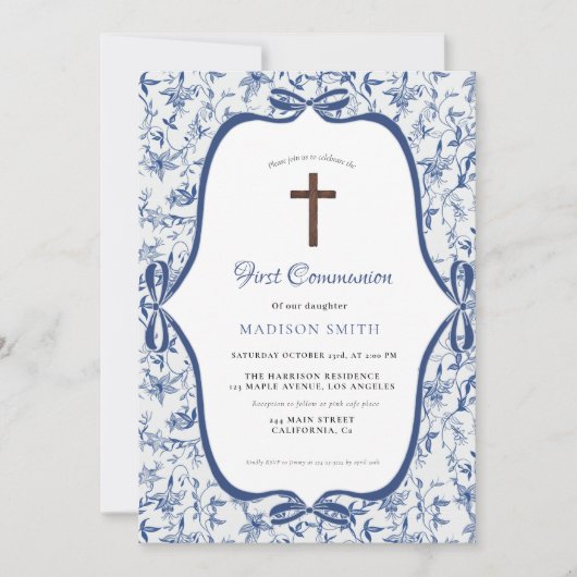 Blauwe Toile de Jouy Tea Eerste Heilige Communie Kaart (Voorkant)