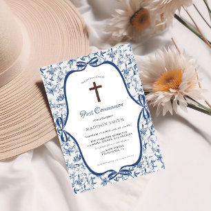 Blauwe Toile de Jouy Tea Eerste Heilige Communie Kaart