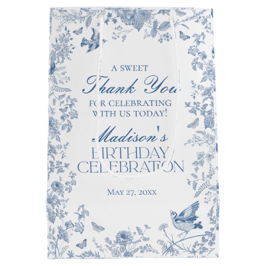 Blauwe Toile de Jouy verjaardagsfeest gunsten Medium Cadeauzakje (Achterkant)
