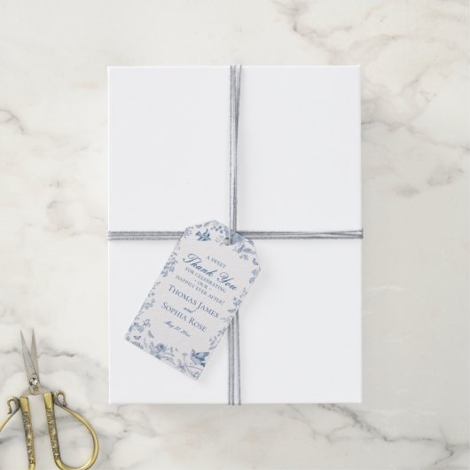 Blauwe Toile De Jouy Wedding Party Favorieten Cadeaulabel (Met Touw)