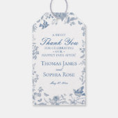 Blauwe Toile De Jouy Wedding Party Favorieten Cadeaulabel (Achterkant)