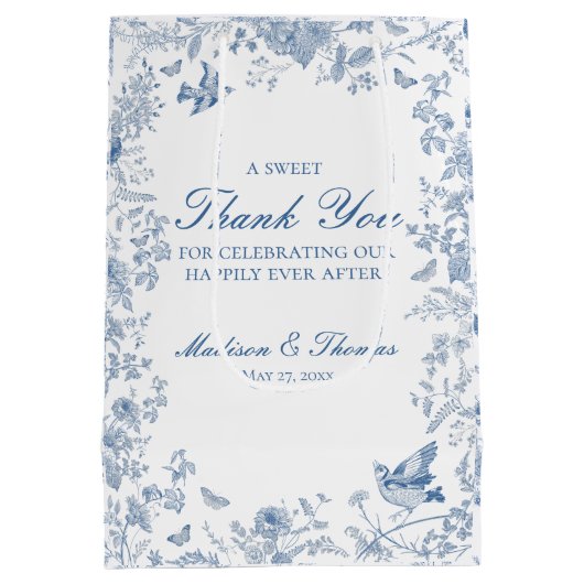 Blauwe Toile De Jouy Wedding Party Favorieten Medium Cadeauzakje (Achterkant)