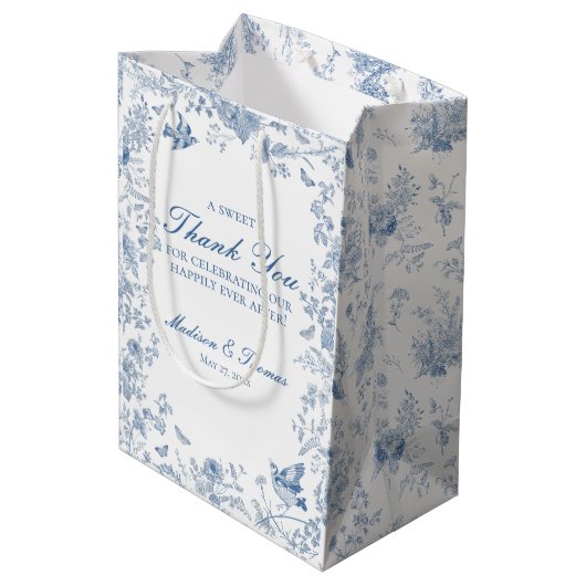 Blauwe Toile De Jouy Wedding Party Favorieten Medium Cadeauzakje (Achterkant Gekanteld)