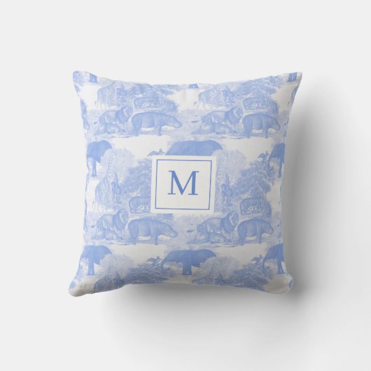 Blauwe Toile Dieren Chinoiserie Baby Boy Monogram Kussen (Achterkant)