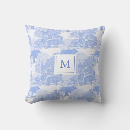 Blauwe Toile Dieren Chinoiserie Baby Boy Monogram Kussen (Voorkant)