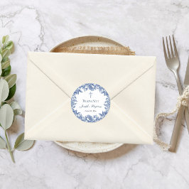 Blauwe Toile Flower doop Ronde Sticker