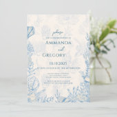 Blauwe Toile Ocean thema bruiloft Kaart (Staand voorkant)