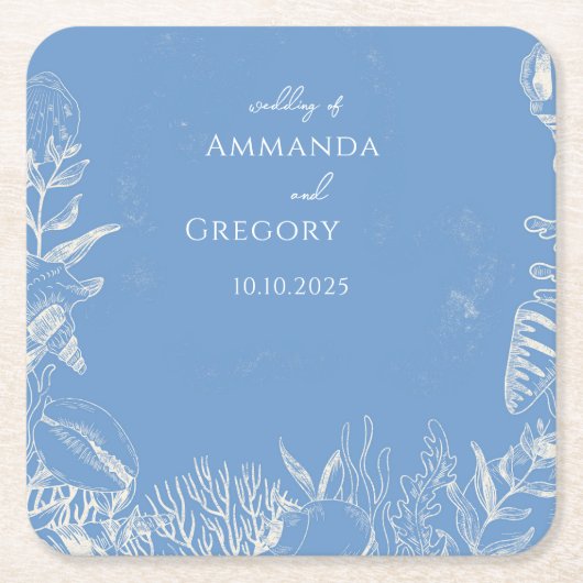 Blauwe Toile Ocean thema bruiloft Kartonnen Onderzetters (Voorkant)