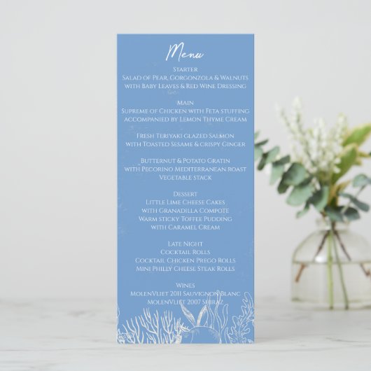 Blauwe Toile Ocean thema bruiloft Menu (Staand voorkant)