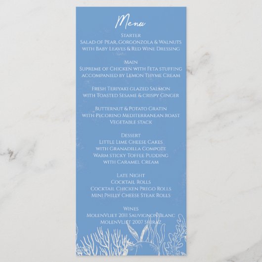Blauwe Toile Ocean thema bruiloft Menu (Voorkant)