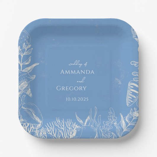 Blauwe Toile Ocean thema bruiloft Papieren Bordje (Voorkant)
