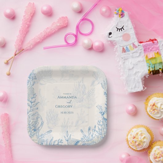 Blauwe Toile Ocean thema bruiloft Papieren Bordje (Feest)