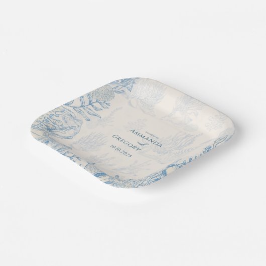Blauwe Toile Ocean thema bruiloft Papieren Bordje (Gebogen)