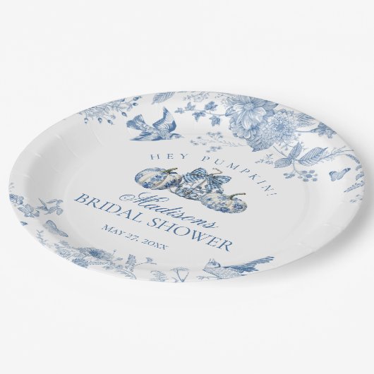 Blauwe Toile Pompoen Franse Herfst Bloemrijke Brui Papieren Bordje (Gekanteld)