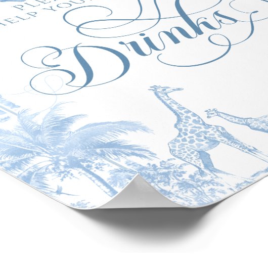 Blauwe toile safari dier baby shower drankjes poster (Hoek)