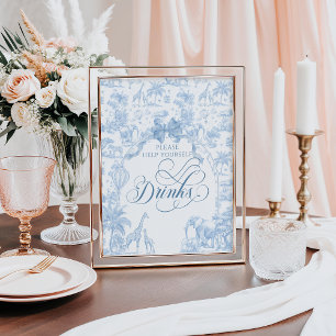Blauwe toile safari dier baby shower drankjes poster
