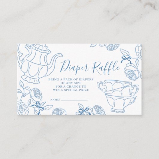 Blauwe Toile Tea Party Luier Raffle Informatiekaartje (Voorkant)