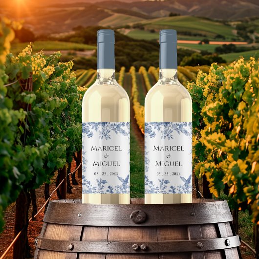 Blauwe Toile Vintage bruiloft Wijn Etiket